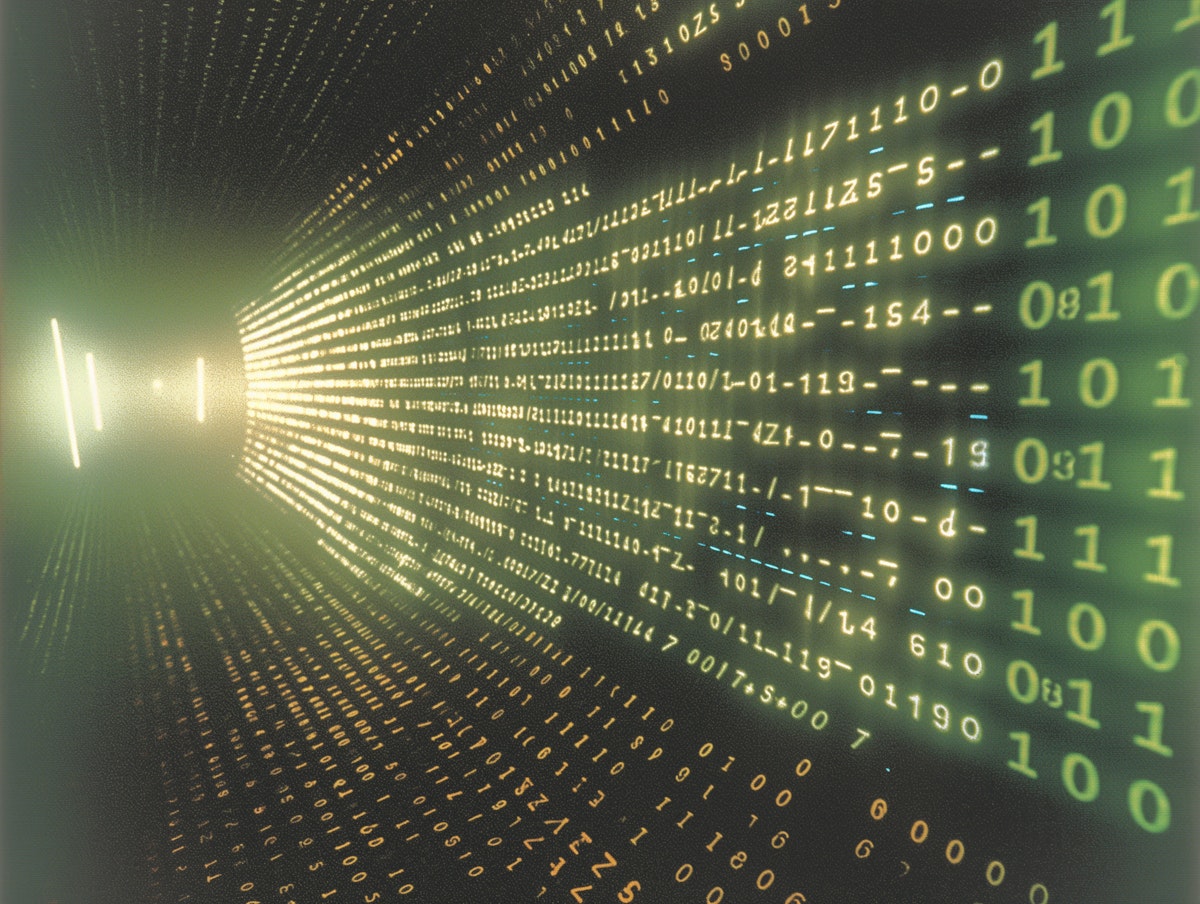 The image portrays a dynamic and visually engaging representation of digital binary code. Flowing from left to right across the frame, the focus is on streams of binary numbers—1s and 0s—in bright white and green tones that glow against a darker, black background. This creates a sense of depth and movement, emphasizing the theme of data transfer or cyber connectivity. The illumination effect around these numbers further suggests high-speed movement or the transmission of information across a digital network. The contrast between the sharp, clear numbers in the foreground and the blurry backdrop accentuates the focus on the coding elements, reinforcing their importance in the composition. Notably, there are bursts of light at various intervals, enhancing the dramatic and high-tech feel of the image.