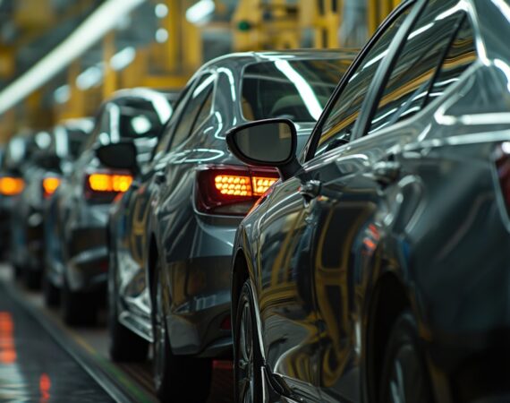 The image captures a lineup of cars, possibly in an assembly line or a showroom, focused on highlighting the design and details of each vehicle. The cars, glossy and sleek, dominate the scene. Their shiny, reflective surfaces glint under the bright, artificial lights, showing off rich hues of gray and black. The taillights of the cars, glowing in vibrant reds, add a pop of color and draw attention to the vehicles' state-of-the-art engineering. The focus and clarity diminish as the line of cars recedes into the blurred background, emphasizing the nearest car with its distinguished curves and polished body. The overall composition eloquently portrays the precision and elegance of modern automotive design, suggesting a narrative of industry and craftsmanship.