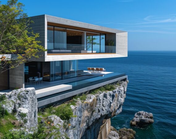 The image features a modern, luxurious house perched dramatically on a stark cliff overlooking a vast ocean. The architecture is crisp and minimalist, with dominant straight lines and large glass windows that invite the viewer into its transparent sections. The main building materials appear to be concrete and glass, creating a sleek, contemporary look. Vivid blue of the ocean and the sky contrasts strikingly with the muted tones of the building and the natural rocky landscape. A prominent deck area includes a rectangle pool that seems to blend the indoor and outdoor spaces visually and functionally, enhancing the house’s integration with its surroundings. There are no people visible, focusing attention purely on architectural and natural beauty.