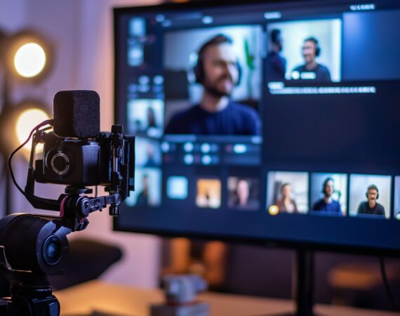 The image features a recording or broadcasting setup with a modern-style, well-organized workspace dominated by a muted color palette, primarily blues and blacks, with ambient warm lighting accents. The main elements include a digital camera facing a computer monitor, on which multiple video feed windows are displayed showcasing various individuals presumably participating in a video call or video recording session. The camera, set prominently in the foreground, is mounted on a tripod and equipped with a microphone, indicating a professional or semi-professional setting for video content creation. The screen in the background, blurred to some extent, centers on a man smiling, likely the main subject of the camera’s focus, surrounded by smaller windows of other participants. This setup suggests an environment of digital communication, possibly for a webinar, online meeting, or a live-stream. The overall composition underlines themes of connectivity and digital interaction in a modern technological workspace.