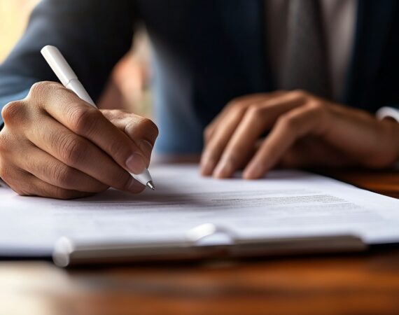 The image depicts a close-up view of an individual’s hands as they hold a pen, poised to write on a document. The hands are the main focus, emphasized by the lighting and sharpness of the image, while the background remains softly blurred. The person is wearing a smart dark suit, suggesting a formal or professional setting. The composition and the selective focus on the hands and pen convey a sense of gravity and concentration. The prominent colors in the image are the warm tones of the skin and the dark hues of the professional attire, set against the neutral colors of the paper and the tabletop. The overall effect is one of simplicity and elegance, hinting at themes of decision-making, professionalism, or signing important agreements.