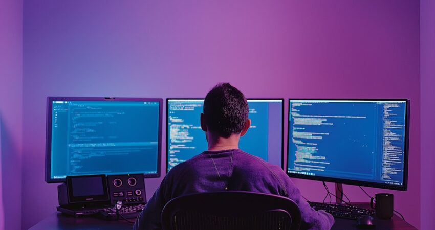 The image portrays a man at a technologically equipped workstation, engaging intensely with multiple computer screens filled with lines of code. The environment exudes a tech-focused vibe, dominated by shades of purple and blue backlighting that lends a futuristic, almost cinematic quality to the scene. The man, visible from behind, wears a casual purple shirt, enhancing his integration into the color scheme of the room. This setting appears to be a workspace designed for software development or data analysis, suggested by the visible content on his screens and the overall setup including a digital tablet, speakers, and other tech gadgets. His posture and the wrap-around arrangement of the screens suggest deep concentration and immersion in his work, reflecting a typical high-tech workspace setup. AI