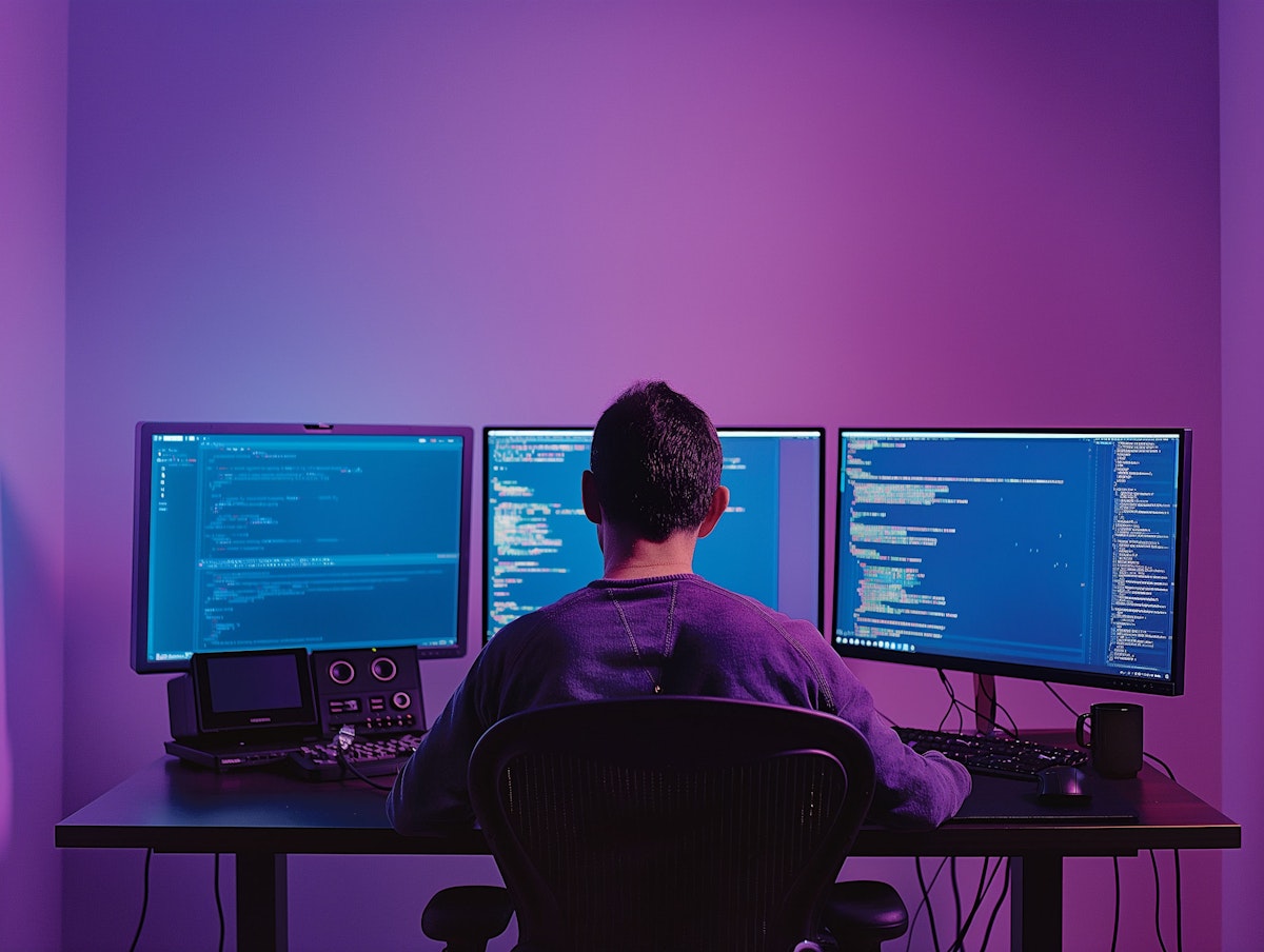 The image portrays a man at a technologically equipped workstation, engaging intensely with multiple computer screens filled with lines of code. The environment exudes a tech-focused vibe, dominated by shades of purple and blue backlighting that lends a futuristic, almost cinematic quality to the scene. The man, visible from behind, wears a casual purple shirt, enhancing his integration into the color scheme of the room. This setting appears to be a workspace designed for software development or data analysis, suggested by the visible content on his screens and the overall setup including a digital tablet, speakers, and other tech gadgets. His posture and the wrap-around arrangement of the screens suggest deep concentration and immersion in his work, reflecting a typical high-tech workspace setup. AI