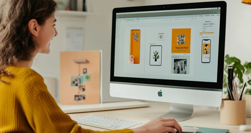 Woman at Creative Workspace A woman is seated at a desk, engaging with a large computer monitor displaying a design interface. She is wearing a mustard yellow sweater, and her expression is focused and content as she interacts with the screen using a mouse. The monitor shows various design elements, including images and text, with a prominent use of orange and white colors. The setting suggests a creative workspace, with minimal background distractions, emphasizing the woman's interaction with the digital content. Her posture is relaxed yet attentive, indicating a comfortable and productive environment. The overall atmosphere conveys a sense of creativity and modern design work.