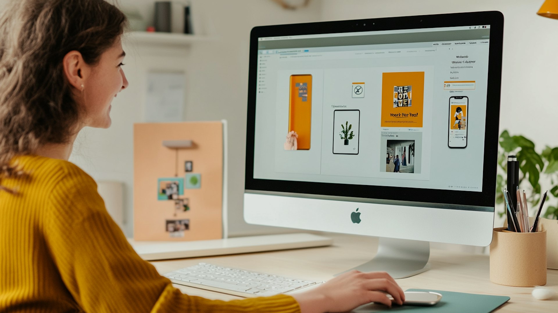 Woman at Creative Workspace A woman is seated at a desk, engaging with a large computer monitor displaying a design interface. She is wearing a mustard yellow sweater, and her expression is focused and content as she interacts with the screen using a mouse. The monitor shows various design elements, including images and text, with a prominent use of orange and white colors. The setting suggests a creative workspace, with minimal background distractions, emphasizing the woman's interaction with the digital content. Her posture is relaxed yet attentive, indicating a comfortable and productive environment. The overall atmosphere conveys a sense of creativity and modern design work.