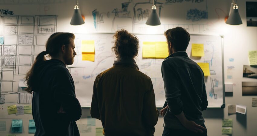 Three people brainstorming at a whiteboard filled with sticky notes and sketches, illuminated by warm overhead lighting.