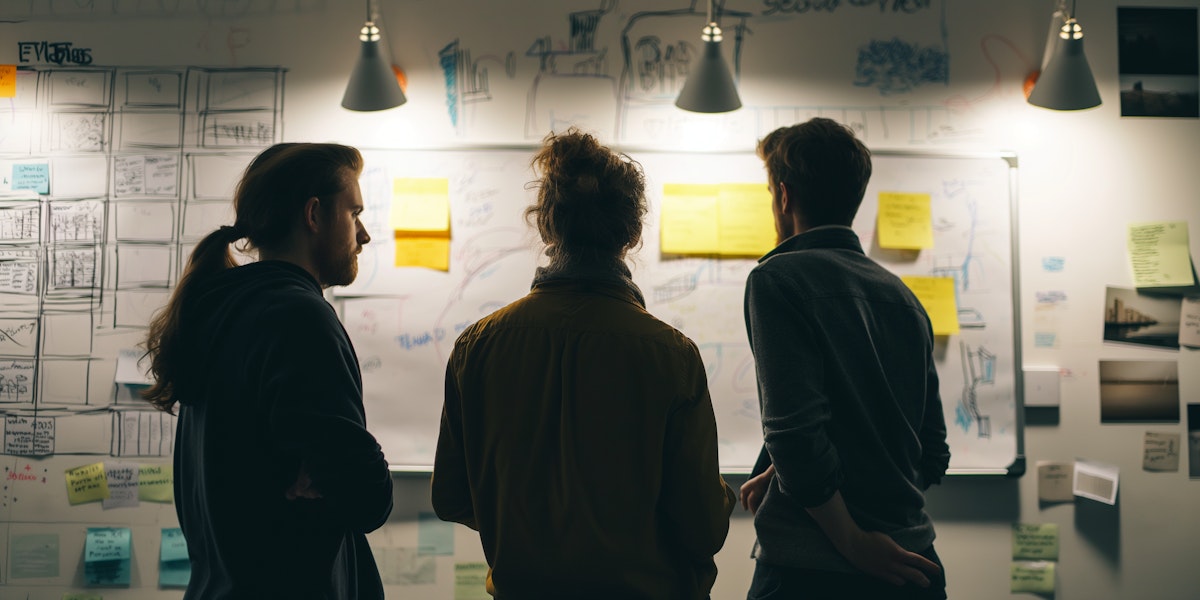 Three people brainstorming at a whiteboard filled with sticky notes and sketches, illuminated by warm overhead lighting.