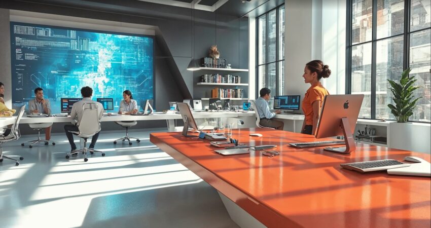 Modern office with large digital screen, orange desk, and blurred individuals working on laptops in a bright, tech-savvy environment.