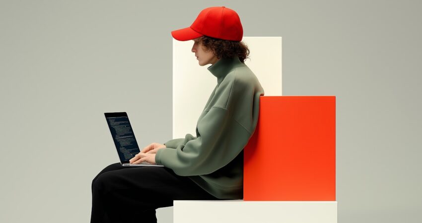 Person in red cap and green sweater using a laptop, seated on colorful blocks against a neutral background.