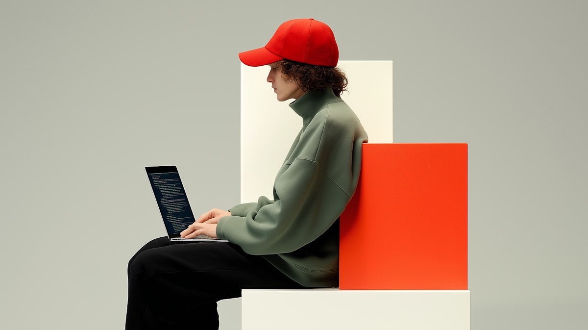 Person in red cap and green sweater using a laptop, seated on colorful blocks against a neutral background.