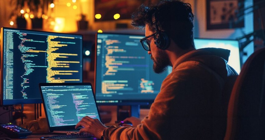 A programmer working late at night, surrounded by multiple screens displaying code, in a dimly lit, cozy workspace.